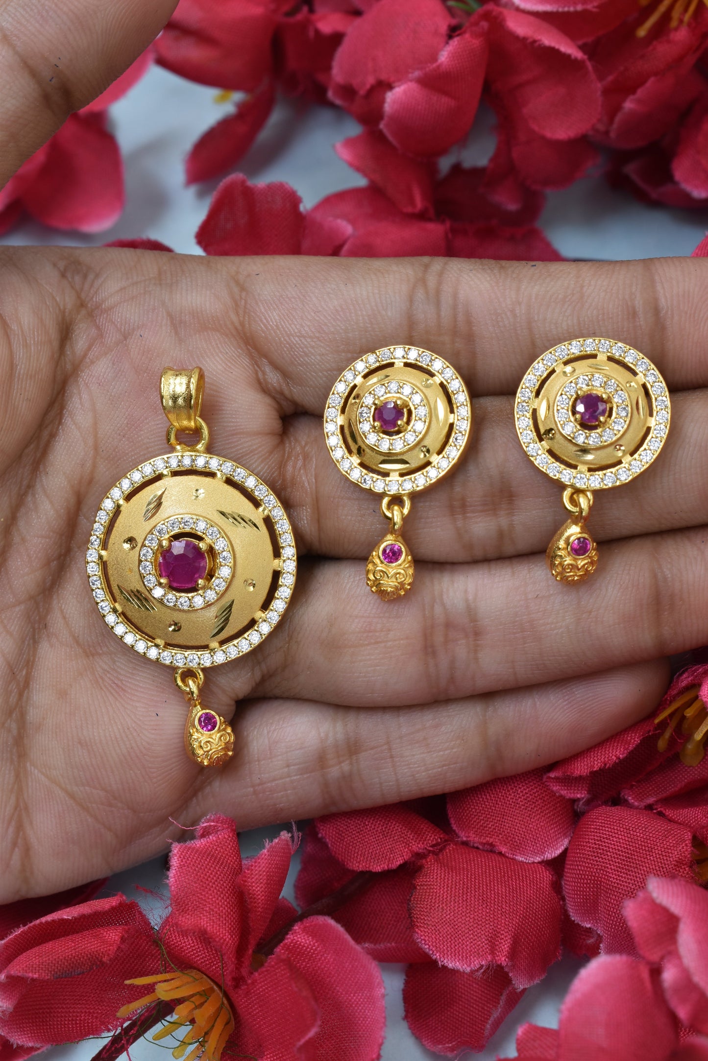 Glamorous Micro Brass Gold-Plated Designer Pendant Earring Set