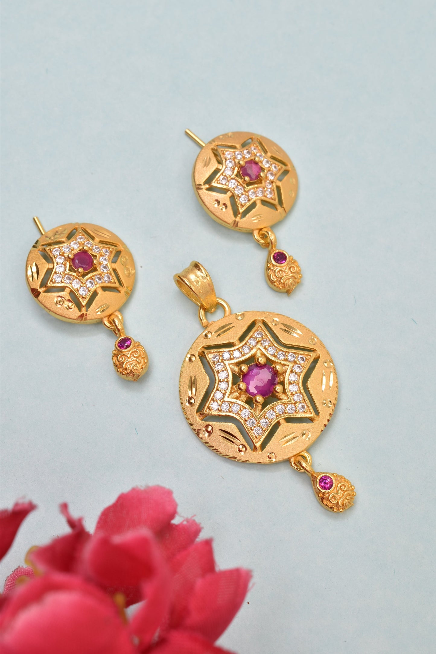 Golden Glamour: Micro Brass Gold-Plated Pendant & Earring Set