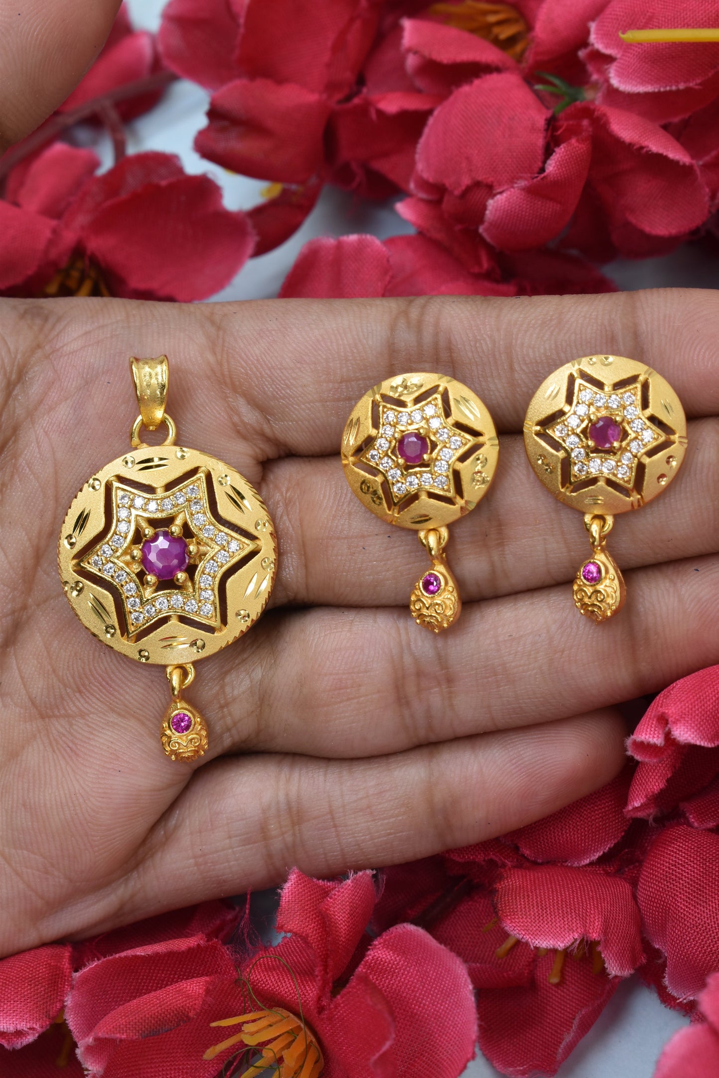 Classic Designer Micro Brass Gold-Plated Pendant & Earring Set