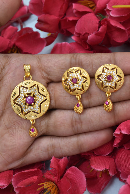 Classic Designer Micro Brass Gold-Plated Pendant & Earring Set