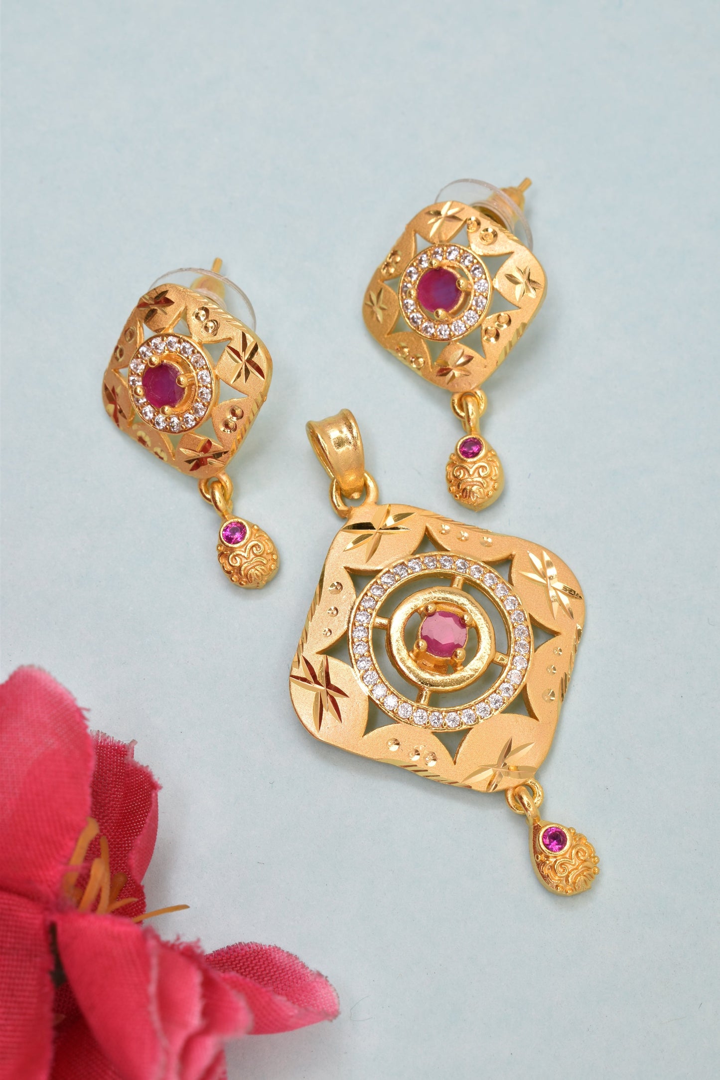 Contemporary Micro Brass Gold-Plated Designer Pendant & Earring Set