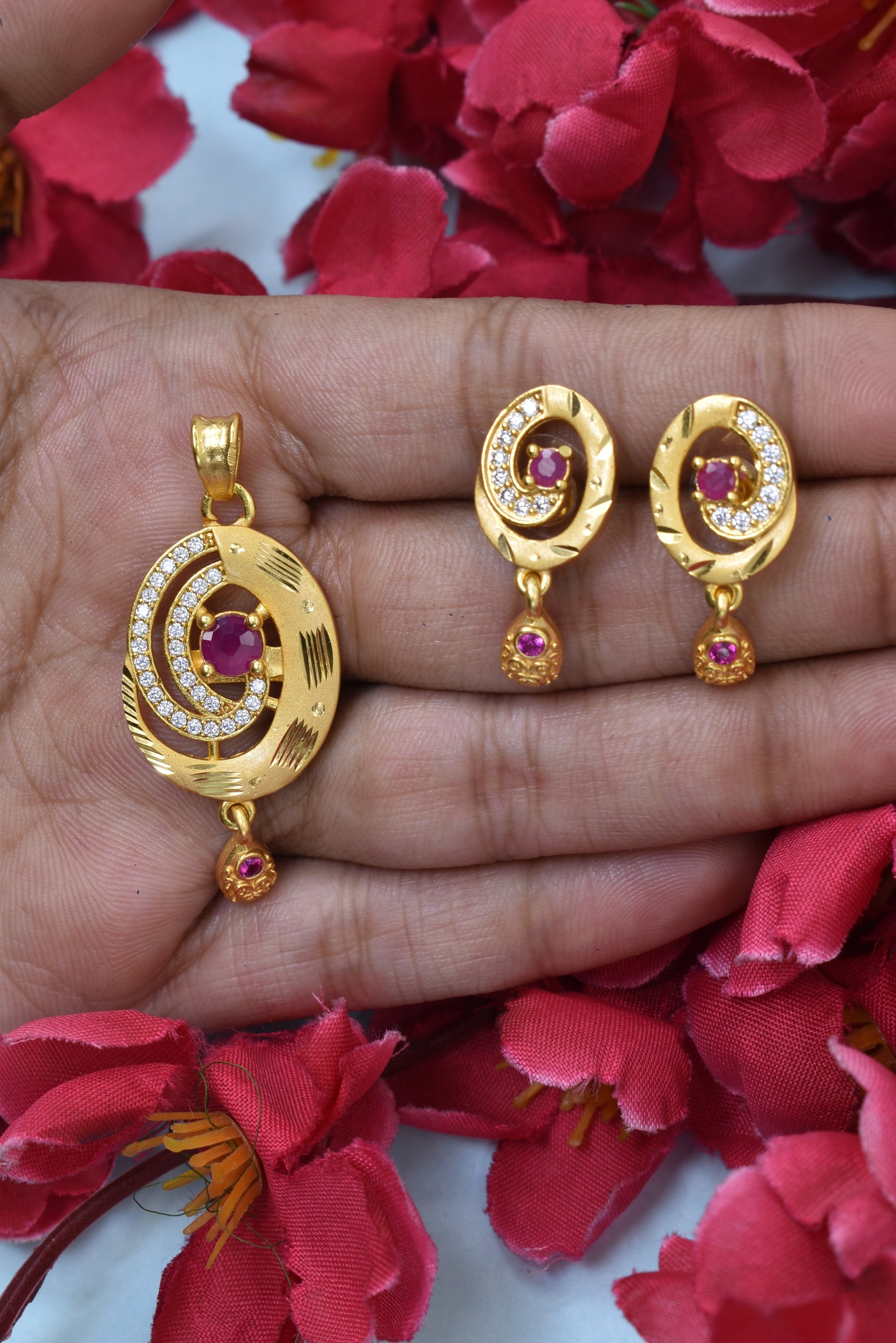 Glamorous Micro Brass Gold-Plated Designer Pendant Earring Set