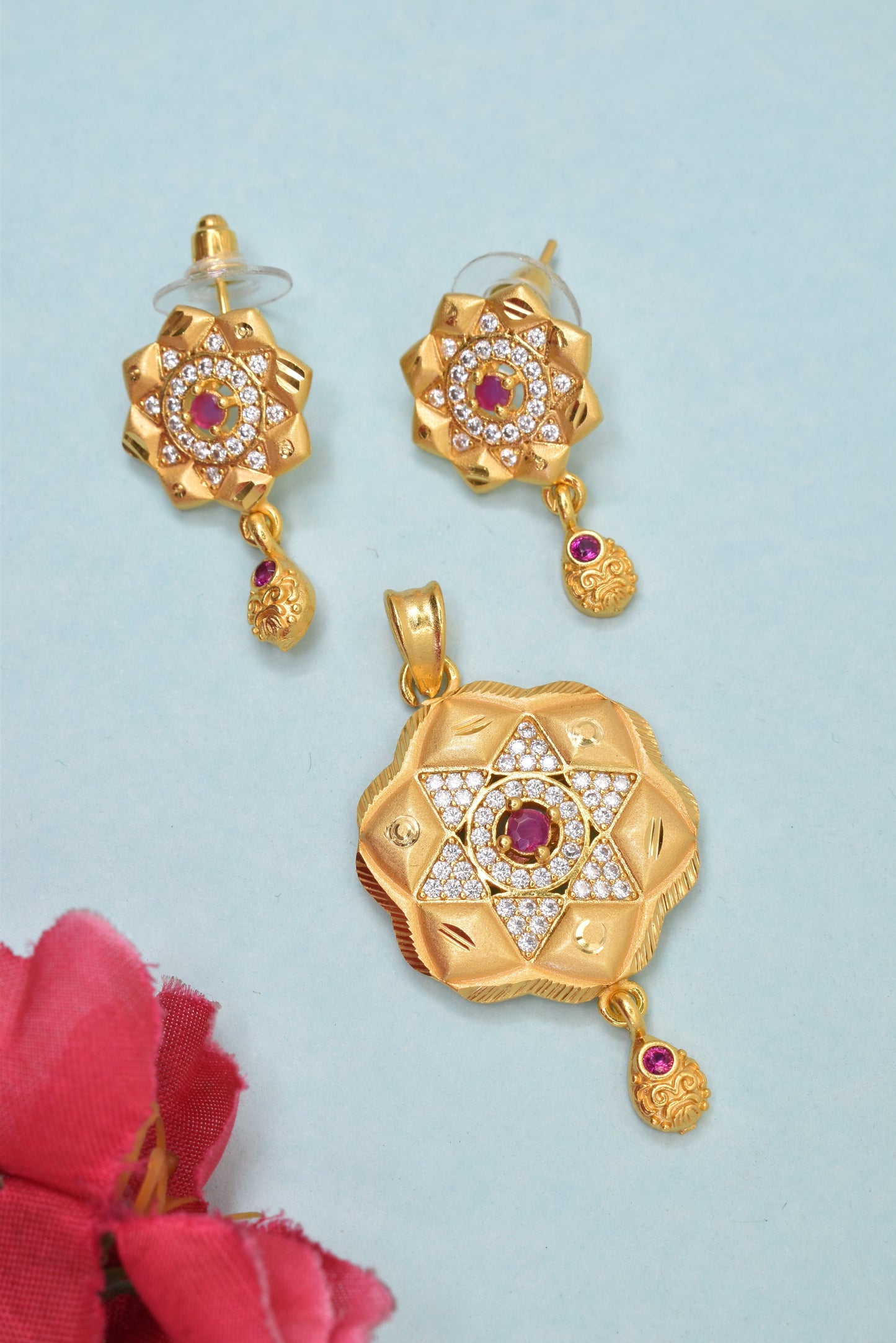 Stylish Gold-Plated Micro Brass Designer Pendant & Earring Set