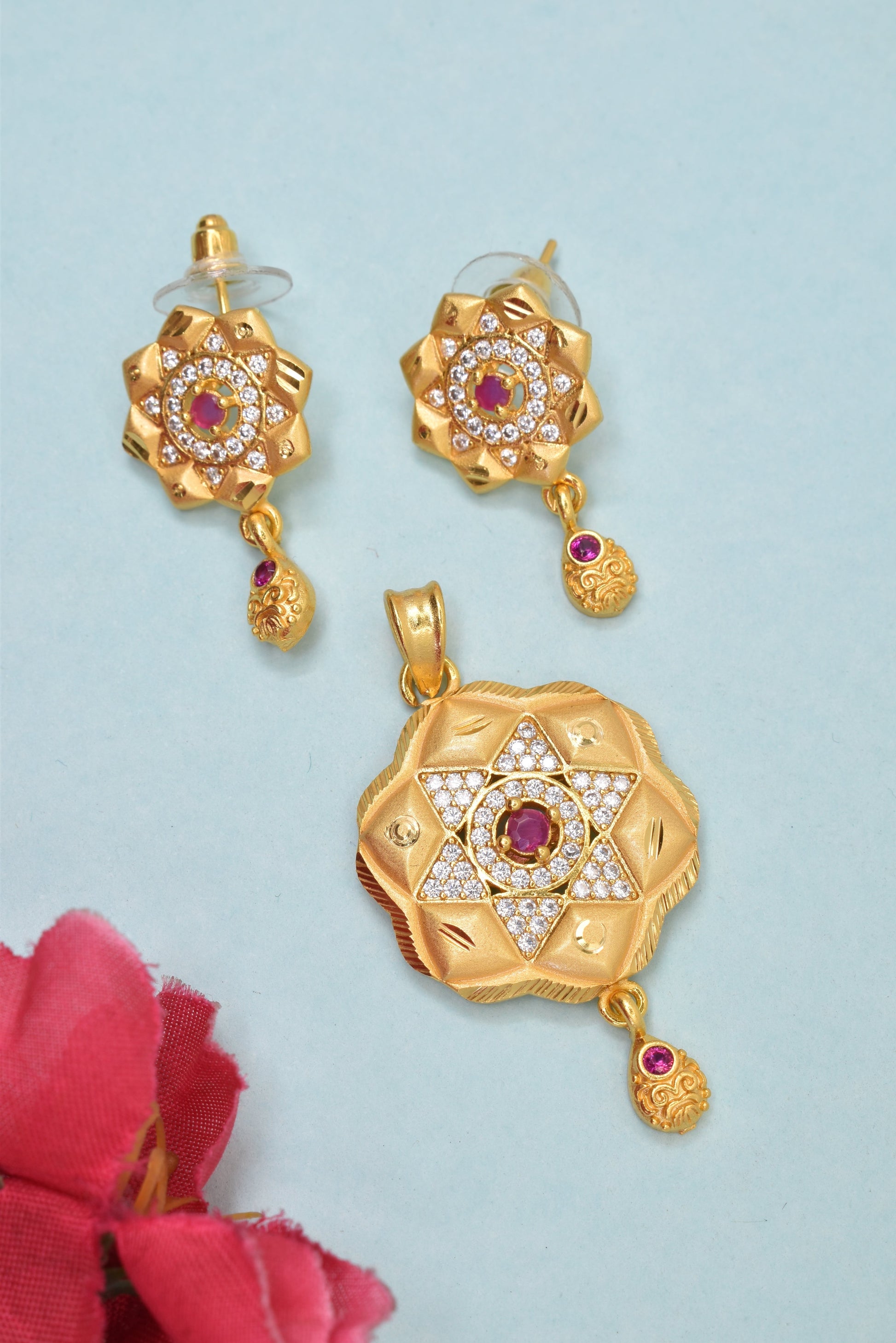 Stylish Gold-Plated Micro Brass Designer Pendant & Earring Set