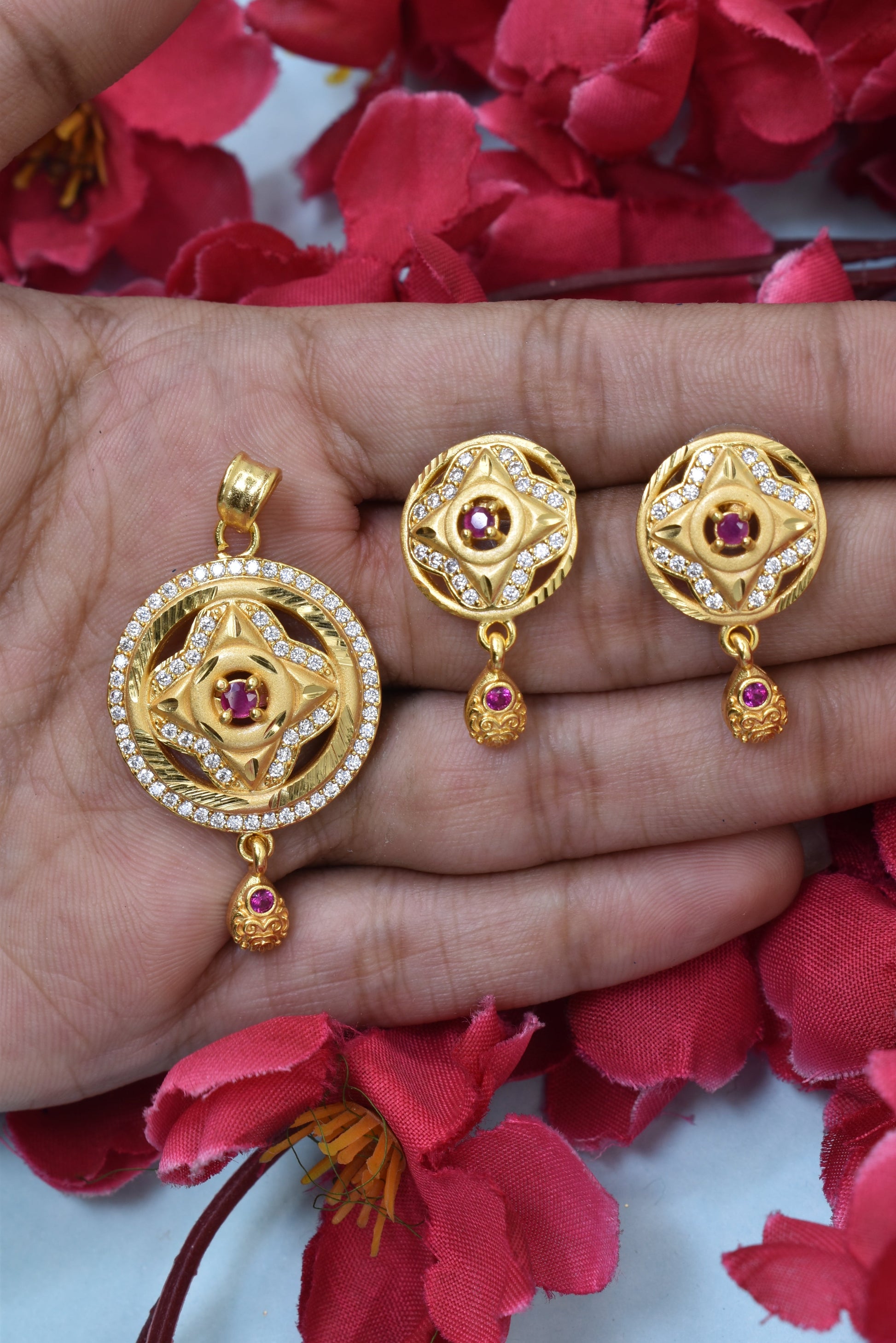Elegant and Timeless Micro Brass Gold-Plated Pendant Earring Set