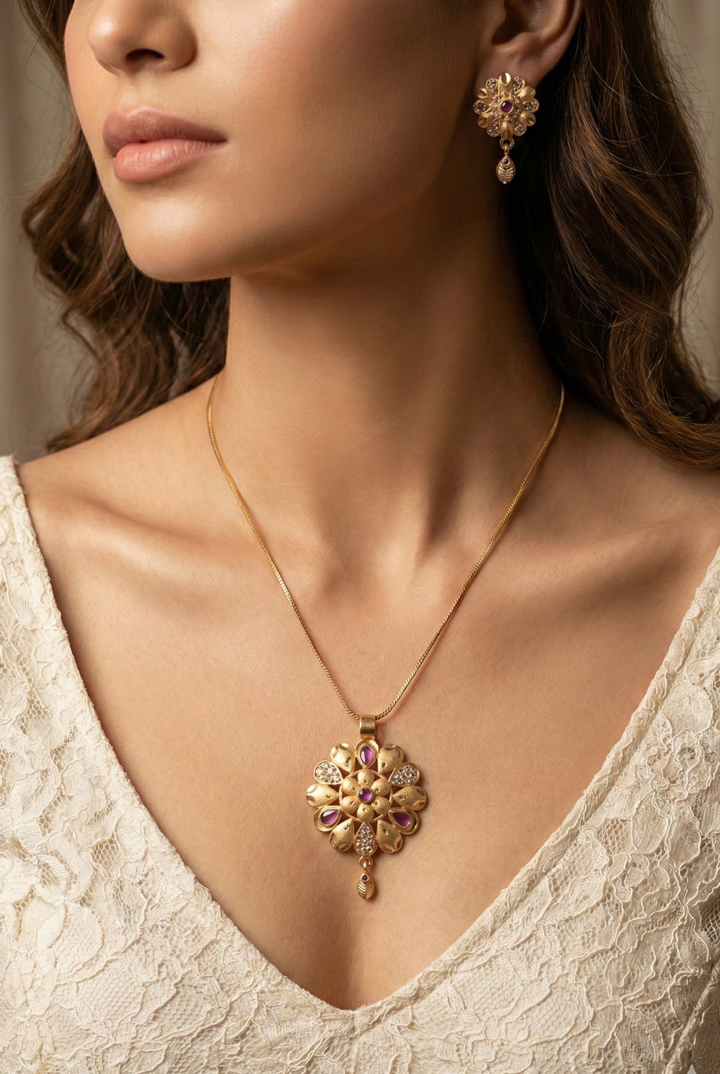 Meira Jewellery Gold Plated Stone Studded Pendant Necklace with Pink Center Accent for Women, Lightweight Party Jewellery for Festive, Wedding, Evening and Daily Styling with Premium Finish Chain-01