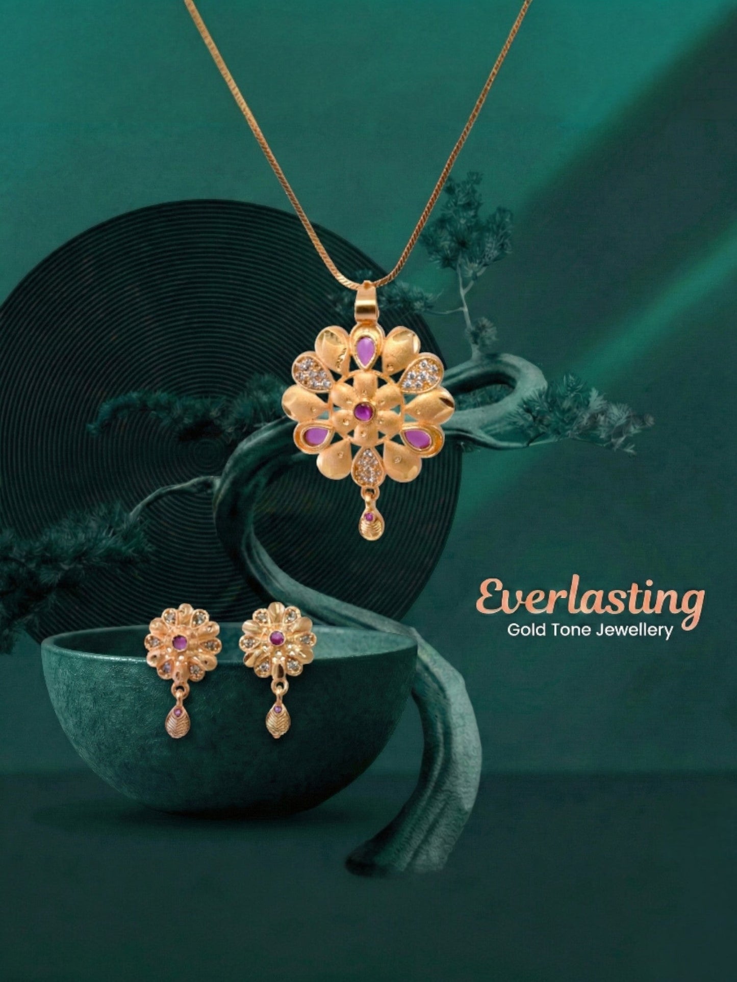 Meira Jewellery Gold Plated Stone Studded Pendant Necklace with Pink Center Accent for Women, Lightweight Party Jewellery for Festive, Wedding, Evening and Daily Styling with Premium Finish Chain-01