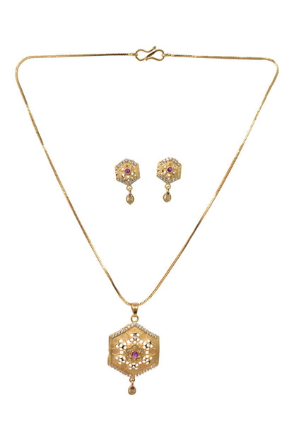 Meira Jewellery Gold Plated Stone Studded Pendant Necklace with Pink Center Accent for Women, Lightweight Party Jewellery for Festive, Wedding, Evening and Daily Styling with Premium Finish Chain-05
