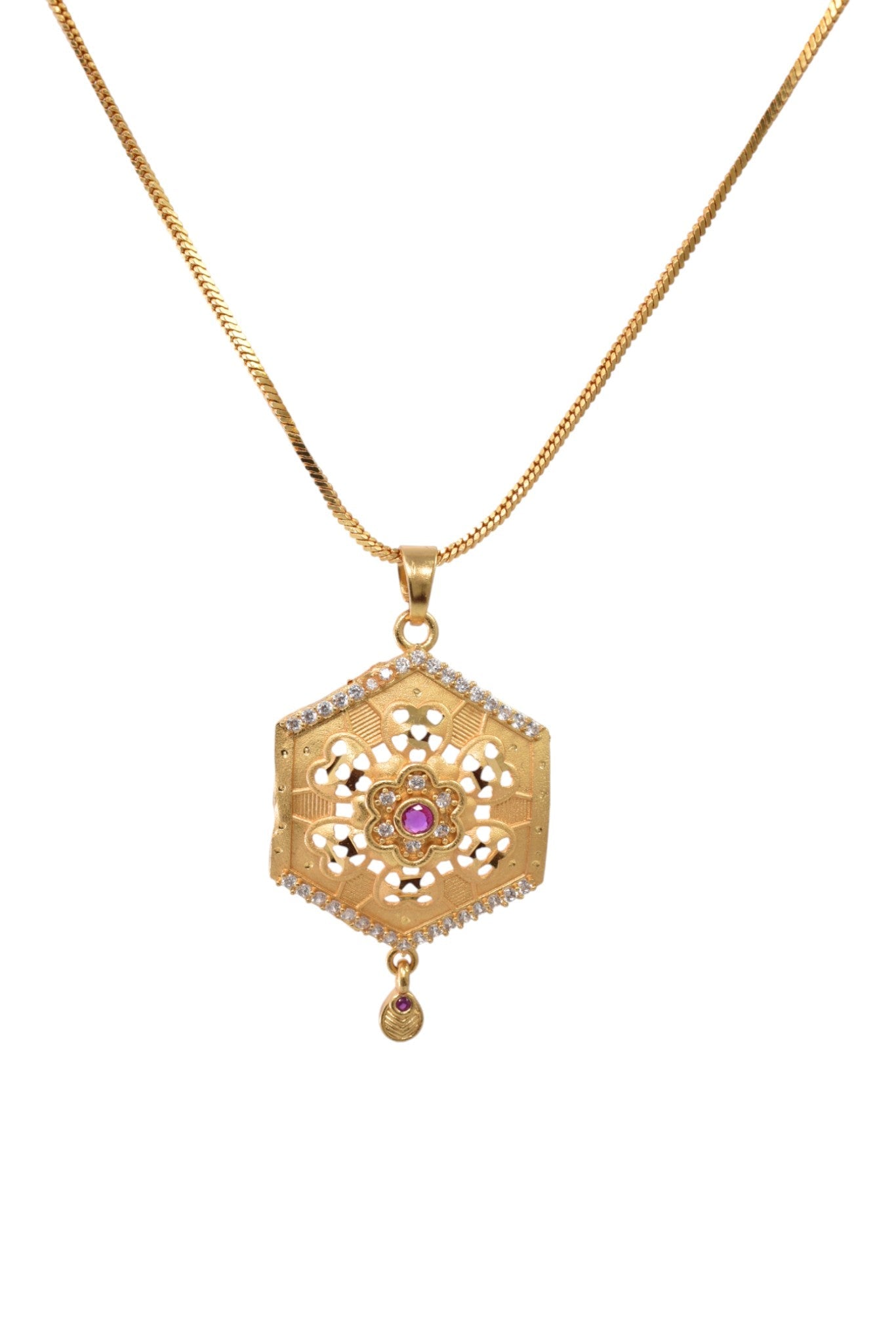 Meira Jewellery Gold Plated Stone Studded Pendant Necklace with Pink Center Accent for Women, Lightweight Party Jewellery for Festive, Wedding, Evening and Daily Styling with Premium Finish Chain-05