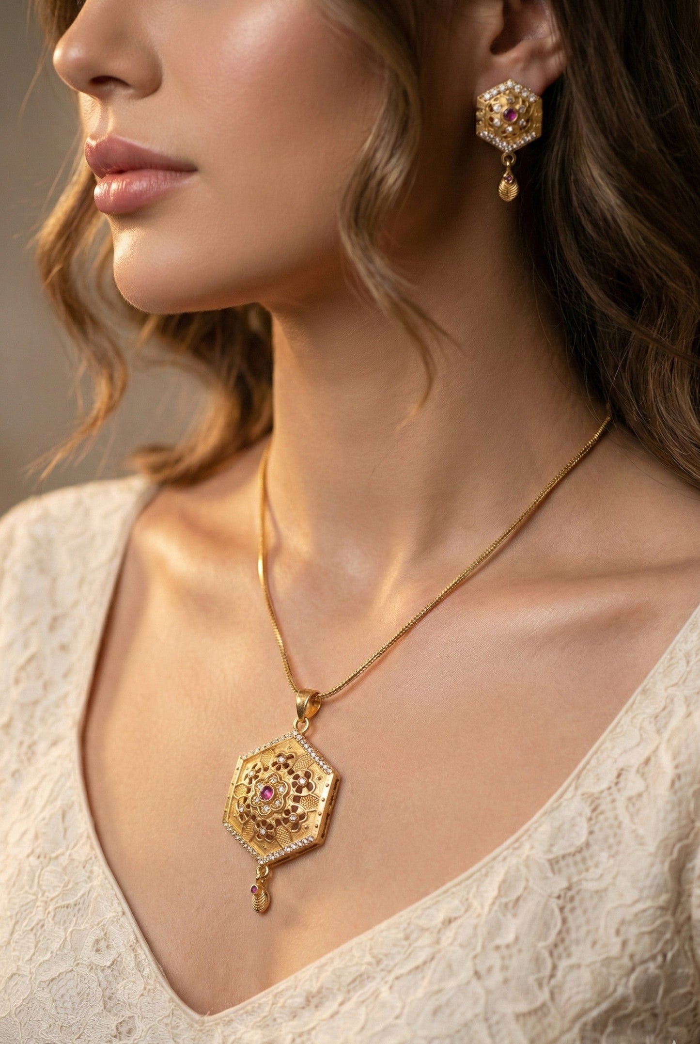 Meira Jewellery Gold Plated Stone Studded Pendant Necklace with Pink Center Accent for Women, Lightweight Party Jewellery for Festive, Wedding, Evening and Daily Styling with Premium Finish Chain-05