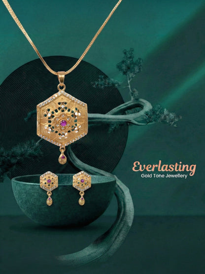 Meira Jewellery Gold Plated Stone Studded Pendant Necklace with Pink Center Accent for Women, Lightweight Party Jewellery for Festive, Wedding, Evening and Daily Styling with Premium Finish Chain-05