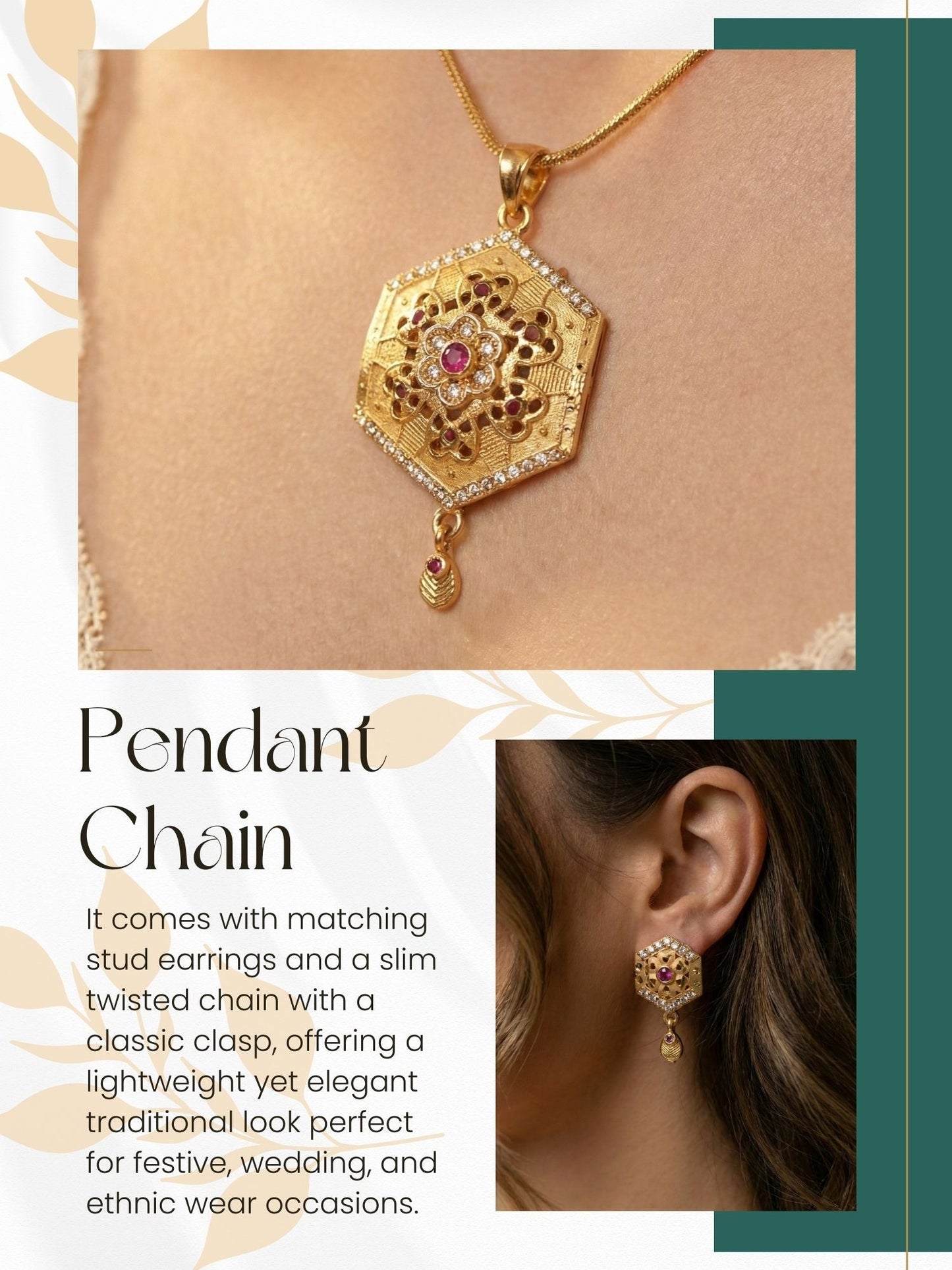 Meira Jewellery Gold Plated Stone Studded Pendant Necklace with Pink Center Accent for Women, Lightweight Party Jewellery for Festive, Wedding, Evening and Daily Styling with Premium Finish Chain-05