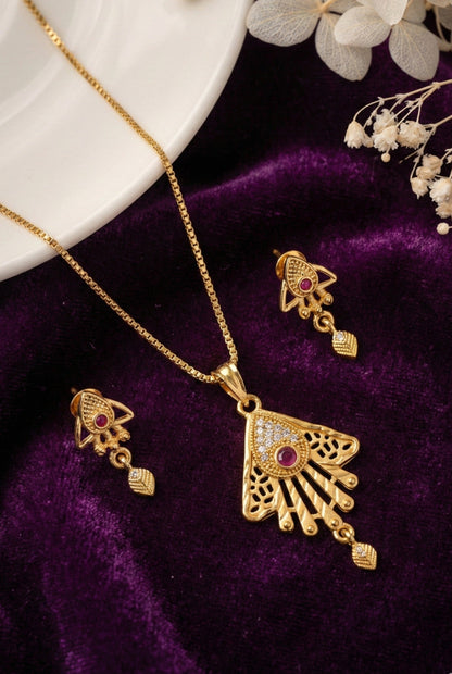 Meira Jewellery Gold Plated Stone Studded Pendant Necklace with Pink Center Accent for Women, Lightweight Party Jewellery for Festive, Wedding, Evening and Daily Styling with Premium Finish Chain-06