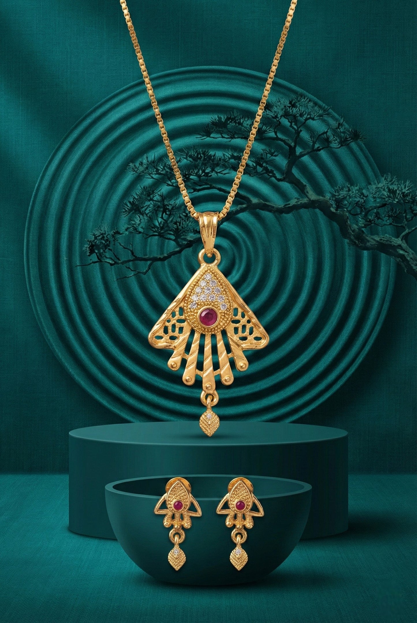 Meira Jewellery Gold Plated Stone Studded Pendant Necklace with Pink Center Accent for Women, Lightweight Party Jewellery for Festive, Wedding, Evening and Daily Styling with Premium Finish Chain-06