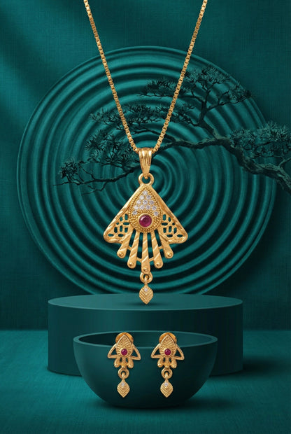 Meira Jewellery Gold Plated Stone Studded Pendant Necklace with Pink Center Accent for Women, Lightweight Party Jewellery for Festive, Wedding, Evening and Daily Styling with Premium Finish Chain-06