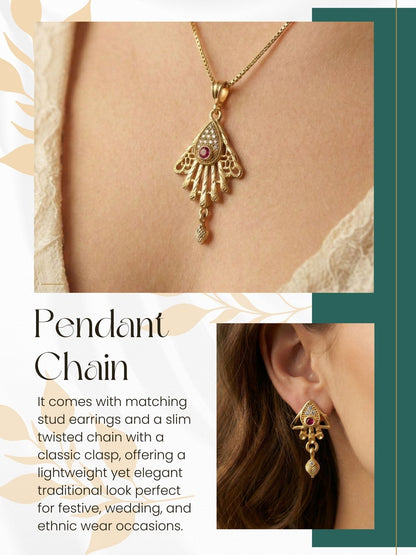 Meira Jewellery Gold Plated Stone Studded Pendant Necklace with Pink Center Accent for Women, Lightweight Party Jewellery for Festive, Wedding, Evening and Daily Styling with Premium Finish Chain-06