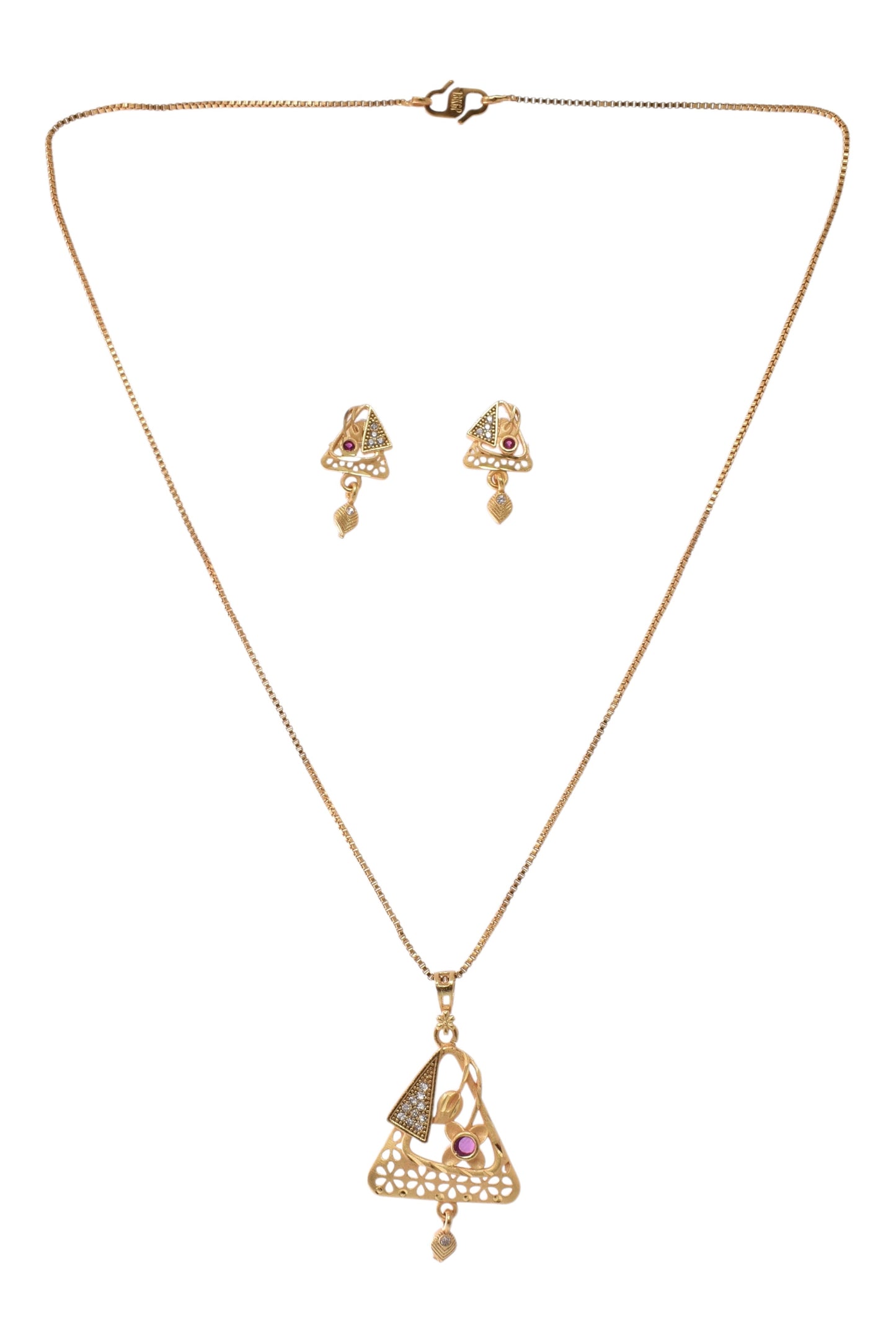 Meira Jewellery Gold Plated Stone Studded Pendant Necklace with Pink Center Accent for Women, Lightweight Party Jewellery for Festive, Wedding, Evening and Daily Styling with Premium Finish Chain-07