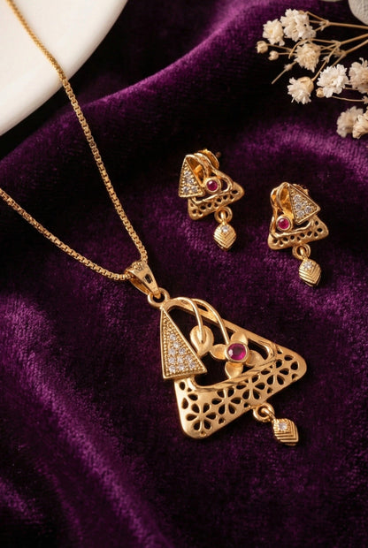 Meira Jewellery Gold Plated Stone Studded Pendant Necklace with Pink Center Accent for Women, Lightweight Party Jewellery for Festive, Wedding, Evening and Daily Styling with Premium Finish Chain-07