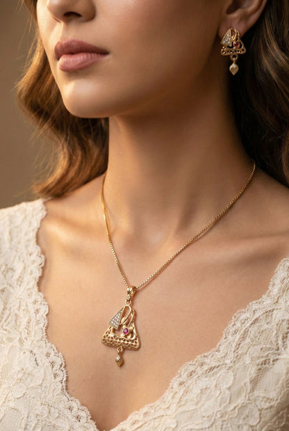 Meira Jewellery Gold Plated Stone Studded Pendant Necklace with Pink Center Accent for Women, Lightweight Party Jewellery for Festive, Wedding, Evening and Daily Styling with Premium Finish Chain-07