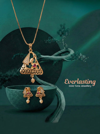 Meira Jewellery Gold Plated Stone Studded Pendant Necklace with Pink Center Accent for Women, Lightweight Party Jewellery for Festive, Wedding, Evening and Daily Styling with Premium Finish Chain-07