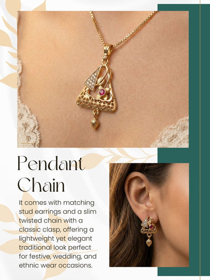 Meira Jewellery Gold Plated Stone Studded Pendant Necklace with Pink Center Accent for Women, Lightweight Party Jewellery for Festive, Wedding, Evening and Daily Styling with Premium Finish Chain-07