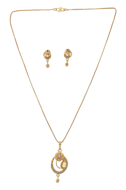 Meira Jewellery Gold Plated Stone Studded Pendant Necklace with Pink Center Accent for Women, Lightweight Party Jewellery for Festive, Wedding, Evening and Daily Styling with Premium Finish Chain-02
