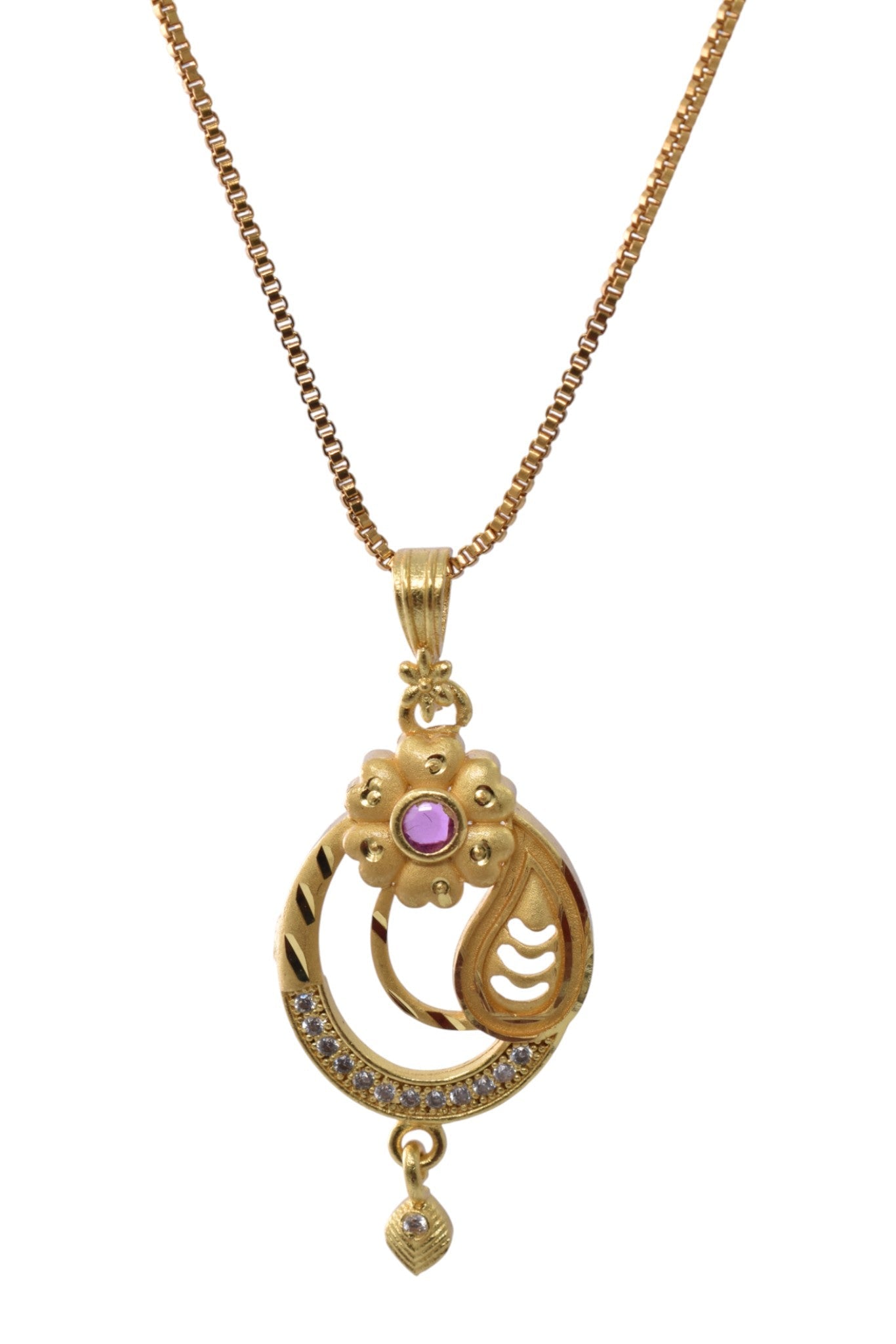 Meira Jewellery Gold Plated Stone Studded Pendant Necklace with Pink Center Accent for Women, Lightweight Party Jewellery for Festive, Wedding, Evening and Daily Styling with Premium Finish Chain-02