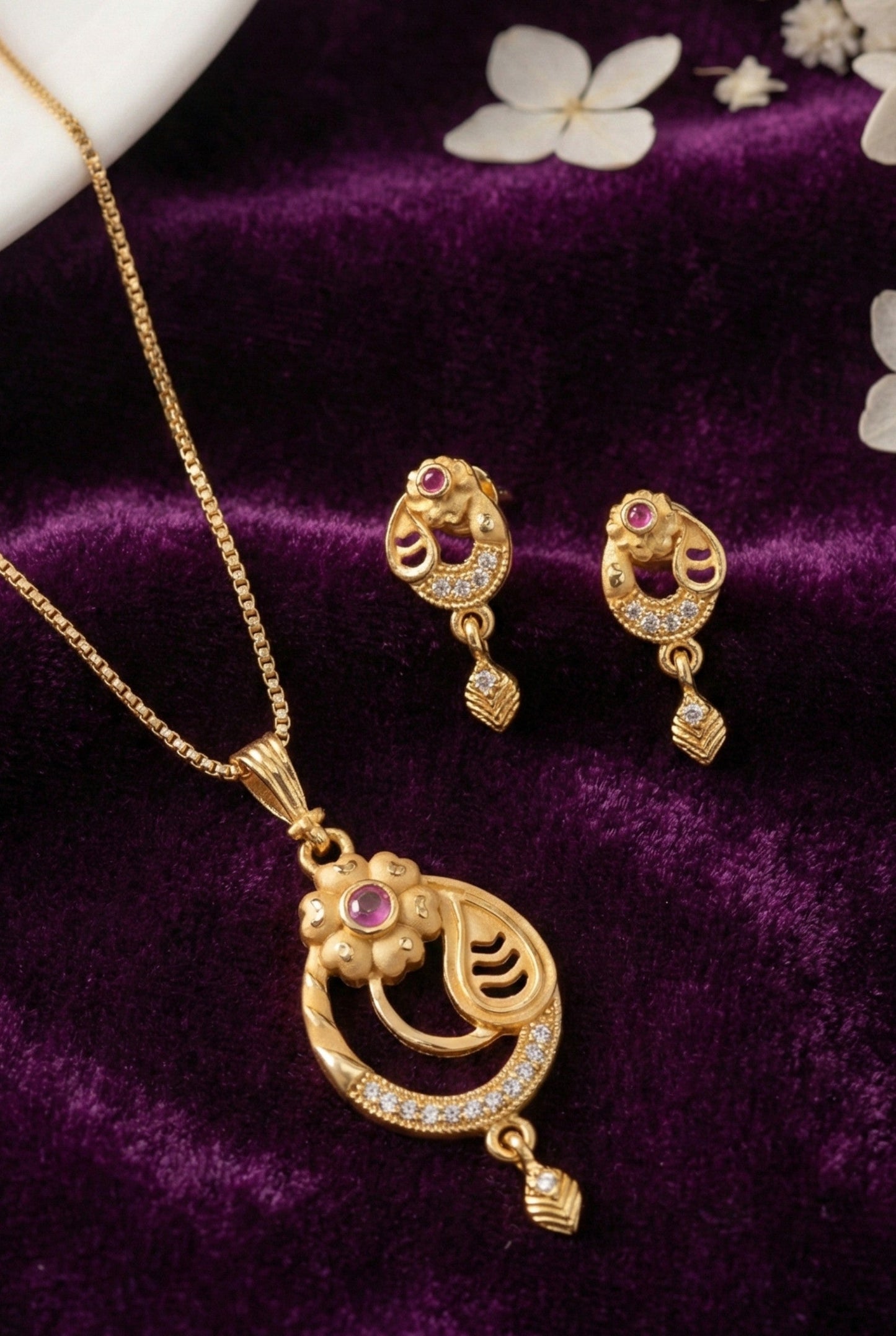 Meira Jewellery Gold Plated Stone Studded Pendant Necklace with Pink Center Accent for Women, Lightweight Party Jewellery for Festive, Wedding, Evening and Daily Styling with Premium Finish Chain-02