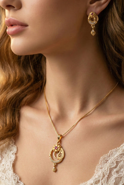 Meira Jewellery Gold Plated Stone Studded Pendant Necklace with Pink Center Accent for Women, Lightweight Party Jewellery for Festive, Wedding, Evening and Daily Styling with Premium Finish Chain-02