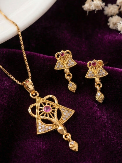 Meira Jewellery Gold Plated Stone Studded Pendant Necklace with Pink Center Accent for Women, Lightweight Party Jewellery for Festive, Wedding, Evening and Daily Styling with Premium Finish Chain-09