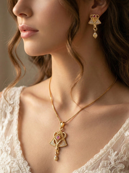 Meira Jewellery Gold Plated Stone Studded Pendant Necklace with Pink Center Accent for Women, Lightweight Party Jewellery for Festive, Wedding, Evening and Daily Styling with Premium Finish Chain-09
