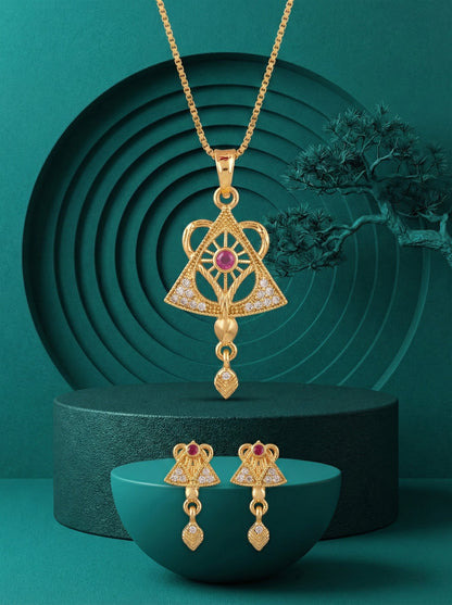 Meira Jewellery Gold Plated Stone Studded Pendant Necklace with Pink Center Accent for Women, Lightweight Party Jewellery for Festive, Wedding, Evening and Daily Styling with Premium Finish Chain-09