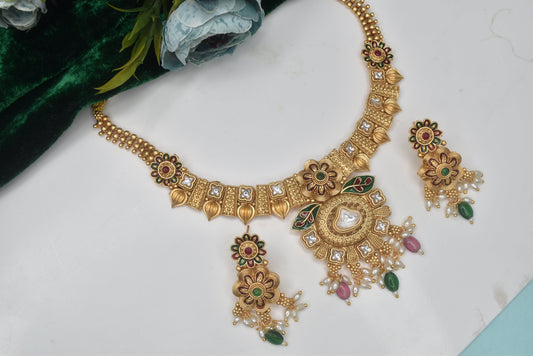 Meira Jewellery Premium Gold plated Royal Queen Look Antique DesignerKundan with Meenakari Luxurious Beautiful wedding wear Necklace set for women n Girls