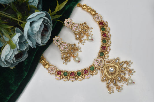 Meira Jewellery Premium Gold plated Royal Queen Look Antique DesignerKundan with Meenakari Luxurious Beautiful wedding wear Necklace set for women n Girls