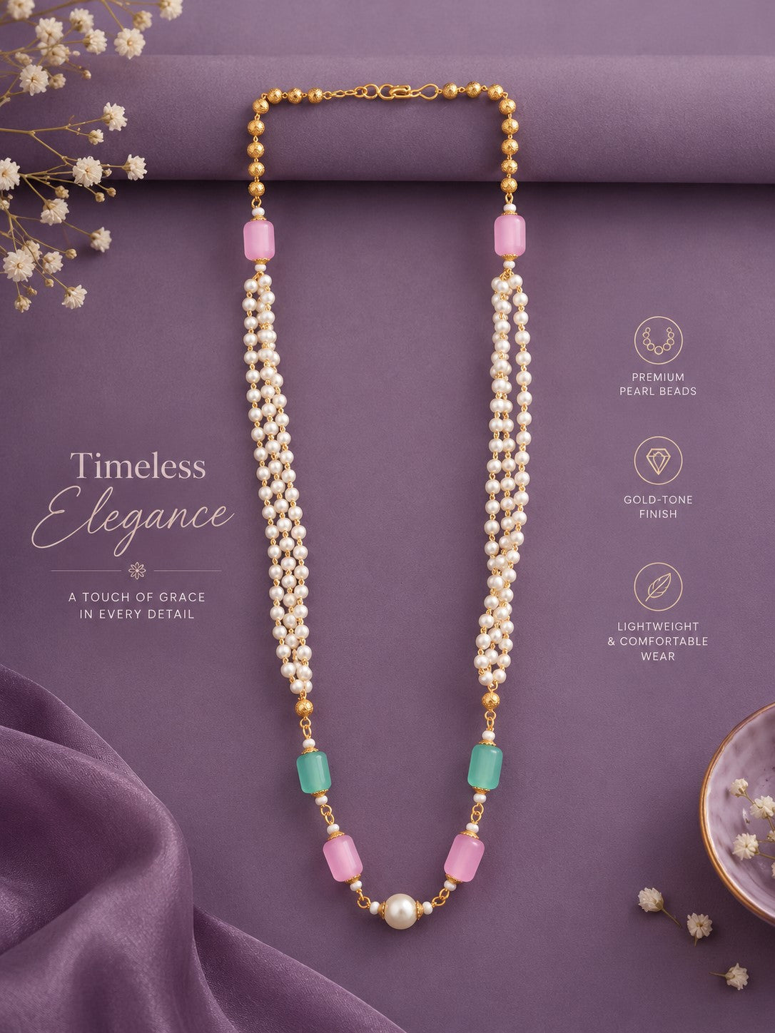 Traditional Multi-Strand Pearl & Pastel Beaded Necklace for Women