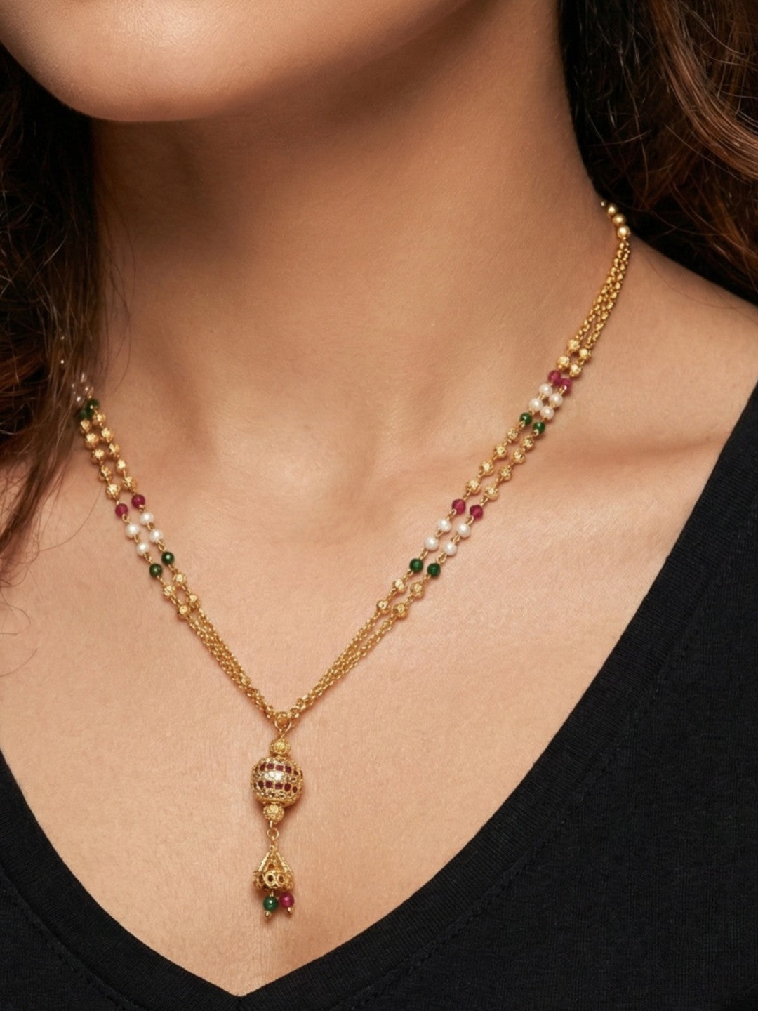 Luxury Multilayer Pearl chain maala  with Gemstone Detailing