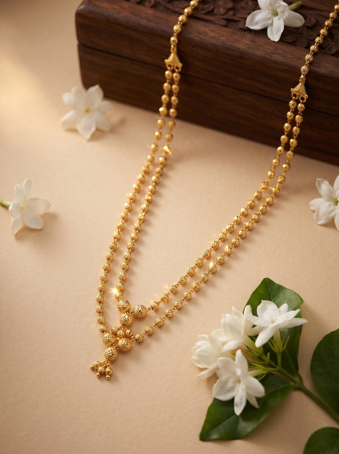 Traditional Gold-Toned Layered Beaded Ethnic Necklace with Dangling Charm Details for Women