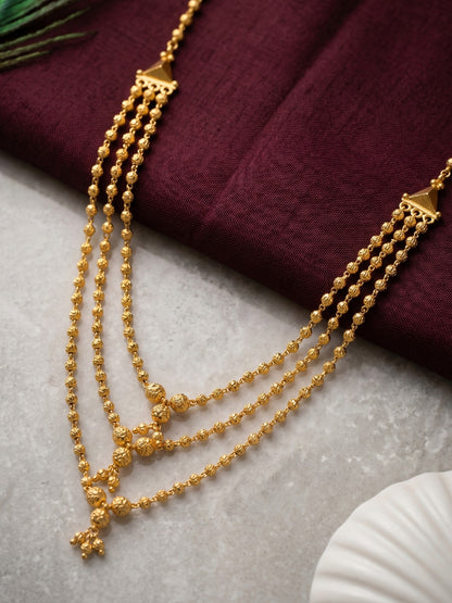 Traditional Gold-Toned Layered Beaded Ethnic Necklace with Dangling Charm Details for Women
