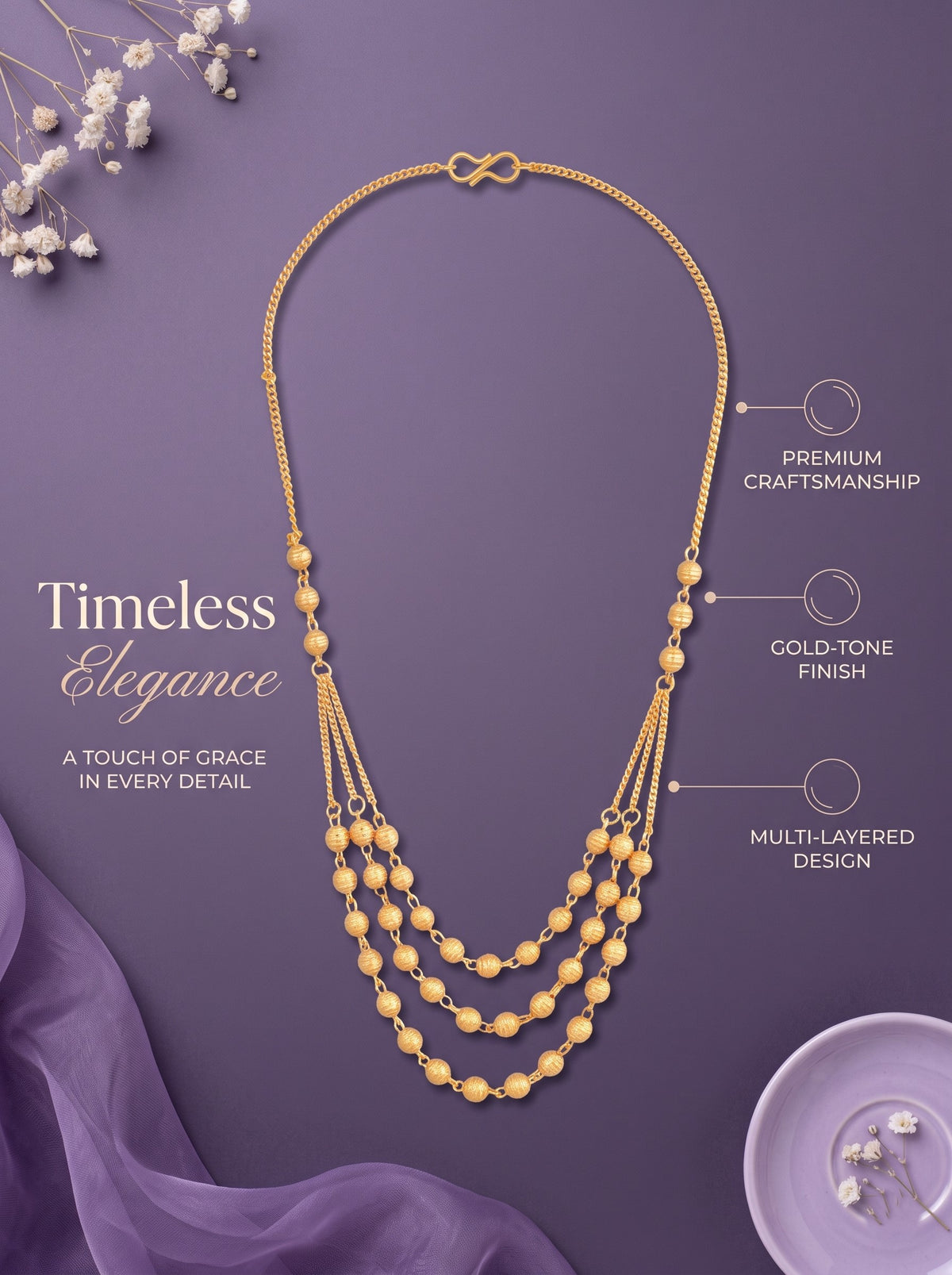 Gold-Plated Multi-Layered Beaded Necklace for Women and Girls
