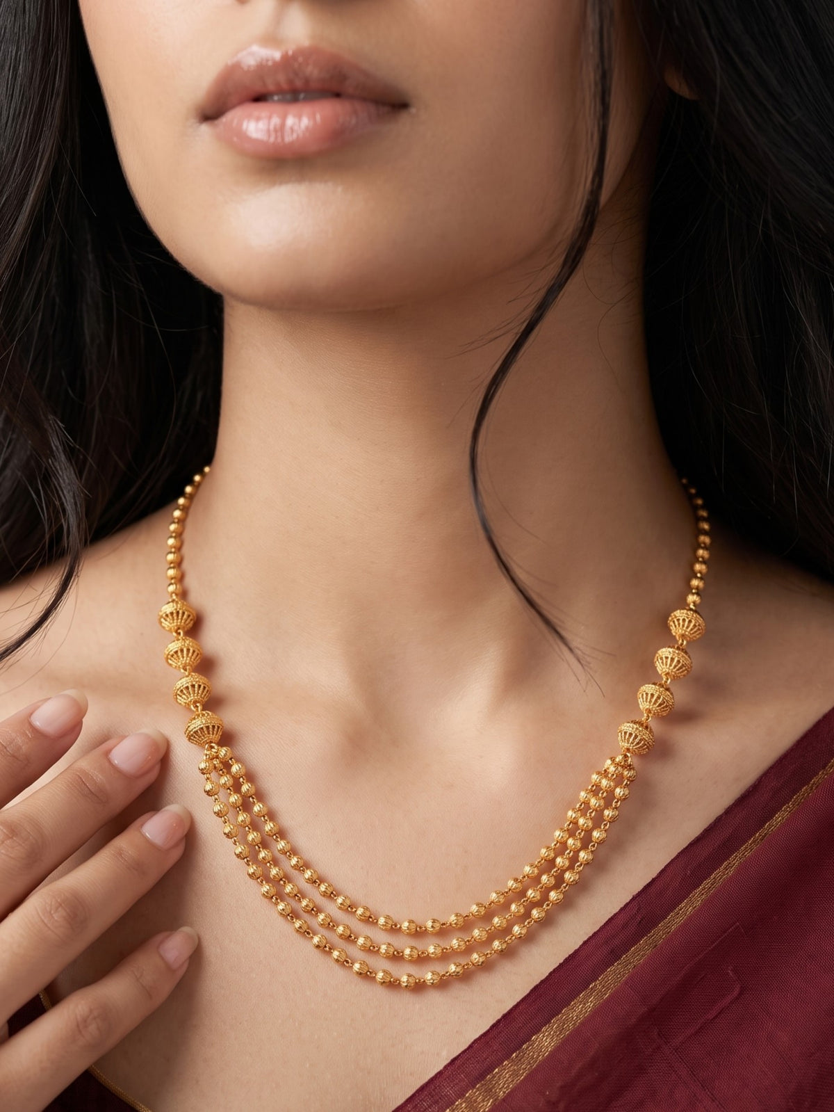 Gold-Plated Three Layered Beaded Necklace for Women and Girls