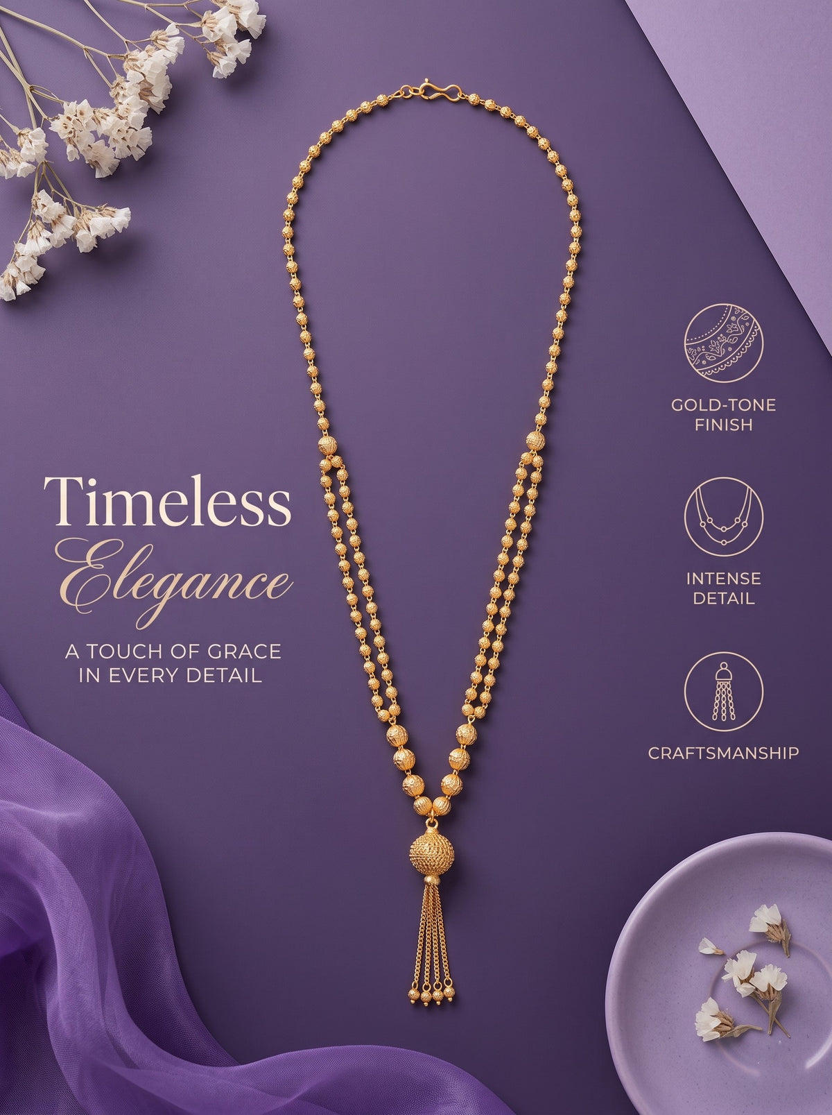 Gold-Plated Beaded Tassel Necklace for Women and Girls