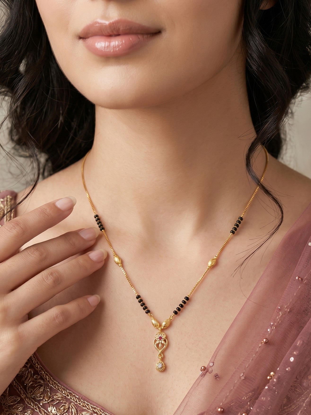 Gold-Toned Stone Studded Mangalsutra Necklace for Women