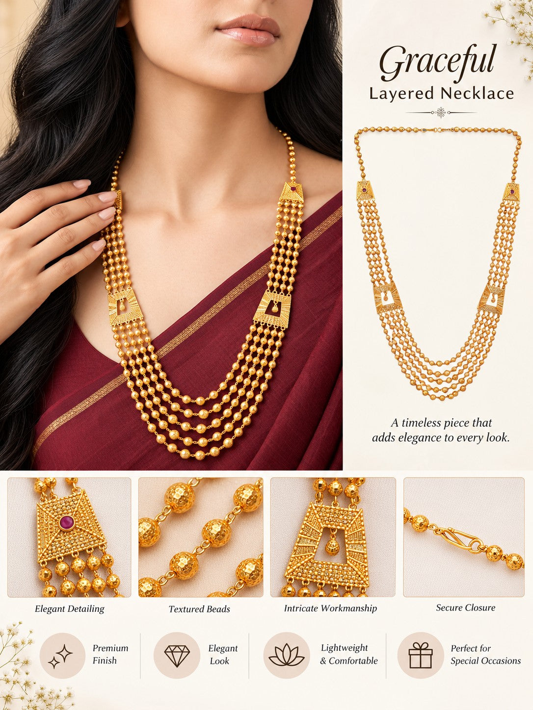 Traditional Multistrand Gold Plated Necklace for Women
