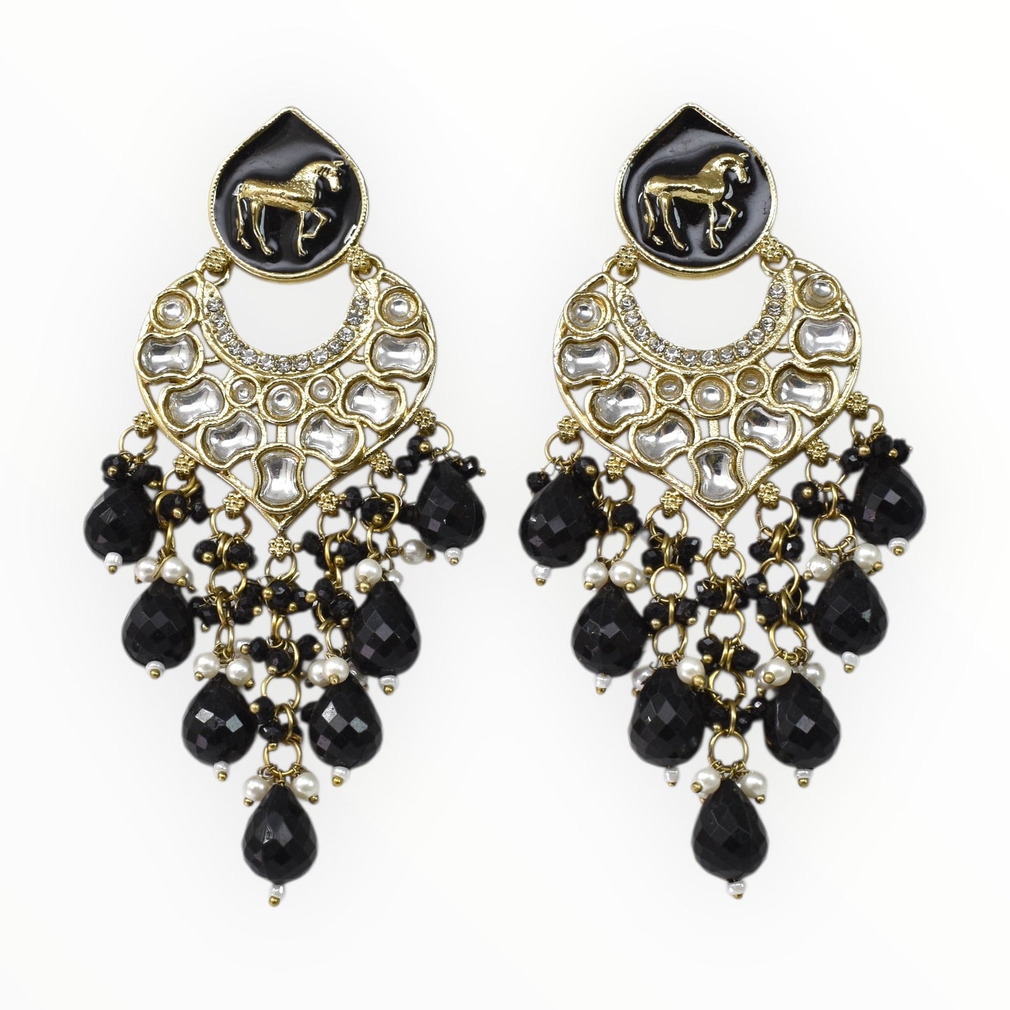 Meira Jewellery Gold Plated Traditional Kundan Drop Earrings for Women, Statement Chandbali Style Earrings with Stone Work and Beaded Dangling Drops, Festive Wedding Party Long Dangler Earrings-01