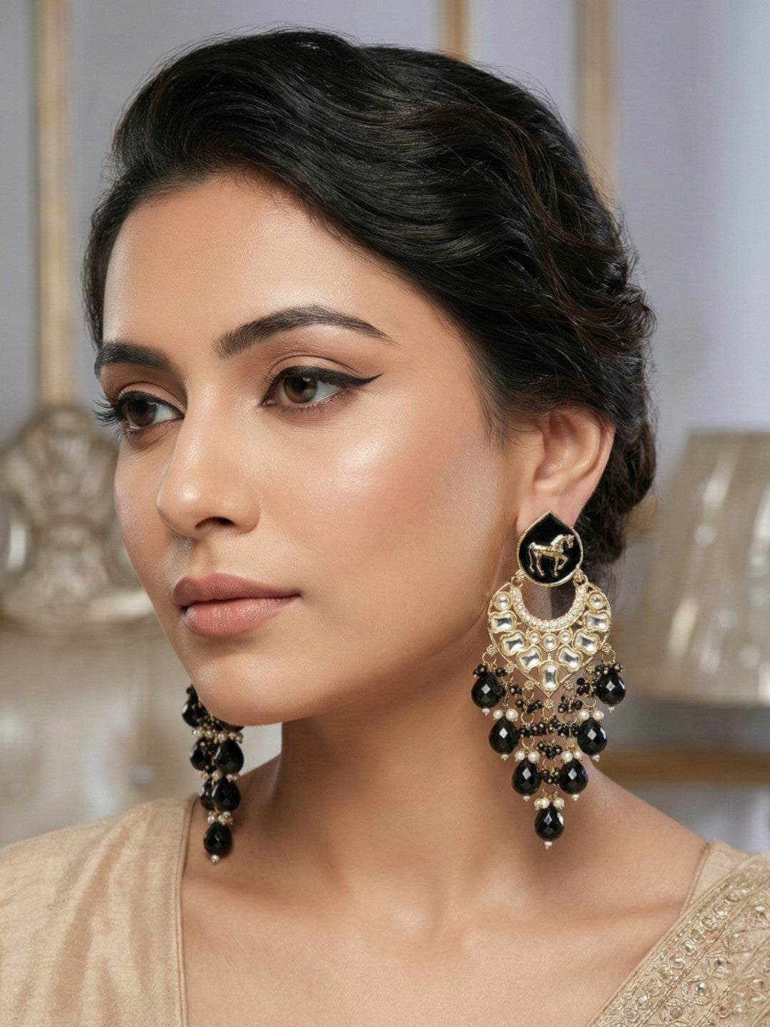 Meira Jewellery Gold Plated Traditional Kundan Drop Earrings for Women, Statement Chandbali Style Earrings with Stone Work and Beaded Dangling Drops, Festive Wedding Party Long Dangler Earrings-01