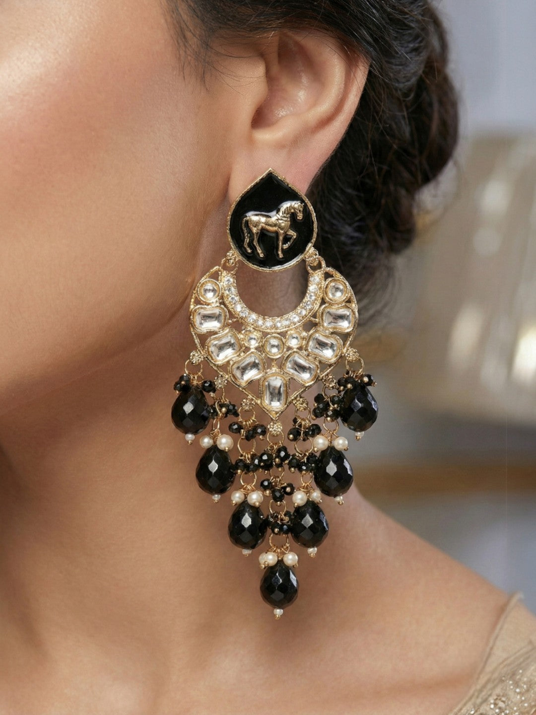 Meira Jewellery Gold Plated Traditional Kundan Drop Earrings for Women, Statement Chandbali Style Earrings with Stone Work and Beaded Dangling Drops, Festive Wedding Party Long Dangler Earrings-01