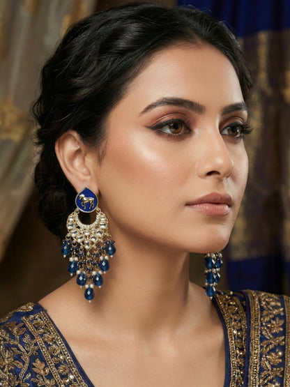 Meira Jewellery Gold Plated Traditional Kundan Drop Earrings for Women, Statement Chandbali Style Earrings with Stone Work and Beaded Dangling Drops, Festive Wedding Party Long Dangler Earrings-02