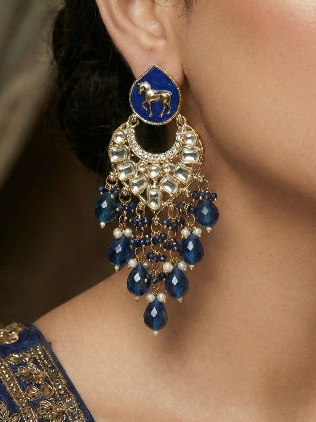 Meira Jewellery Gold Plated Traditional Kundan Drop Earrings for Women, Statement Chandbali Style Earrings with Stone Work and Beaded Dangling Drops, Festive Wedding Party Long Dangler Earrings-02