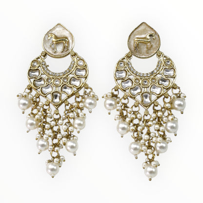 Meira Jewellery Gold Plated Traditional Kundan Drop Earrings for Women, Statement Chandbali Style Earrings with Stone Work and Beaded Dangling Drops, Festive Wedding Party Long Dangler Earrings-03