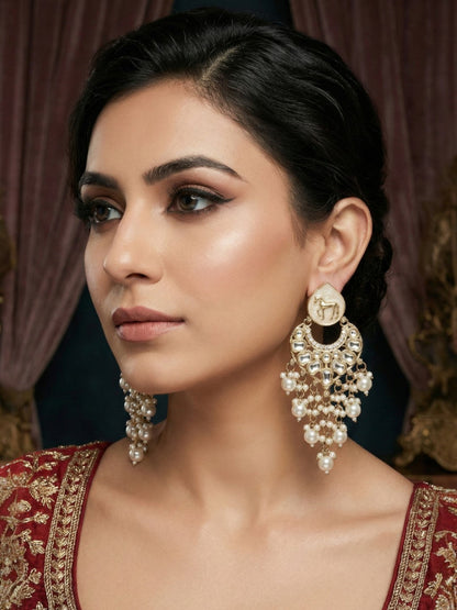 Meira Jewellery Gold Plated Traditional Kundan Drop Earrings for Women, Statement Chandbali Style Earrings with Stone Work and Beaded Dangling Drops, Festive Wedding Party Long Dangler Earrings-03